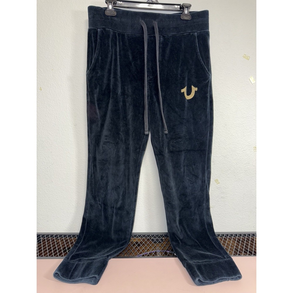 Vintage True Religion Pants S Black Jogger Velour Sweatpants Gold Logo Athletic‎